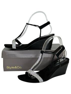 Style & Co. Mulan2 Black Rhinestone T-Strap Womens Wedge Sandals Size 9M